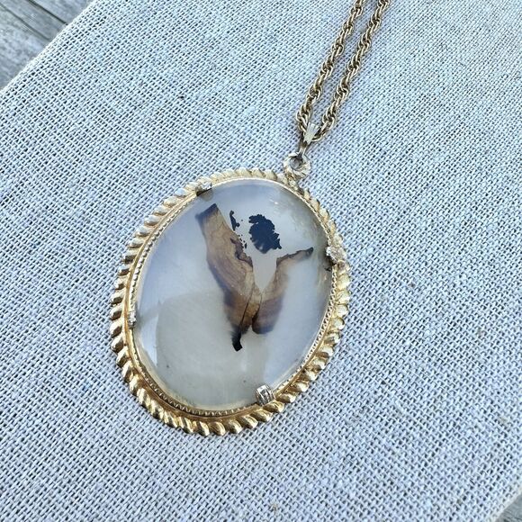 Vintage Dendritic Agate Cameo Stone Gold Tone Pendant Necklace Oval Large - Picture 3 of 5
